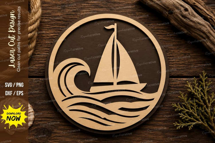 Sailboat Wave Round Laser Cut SVG Design sailboat round svg,
