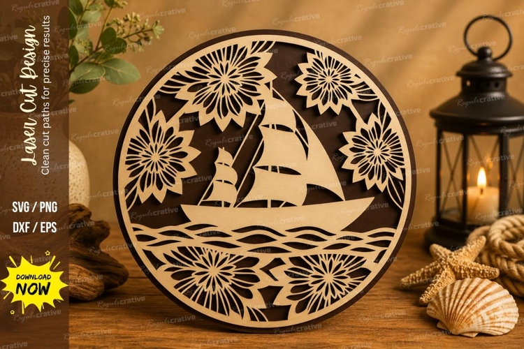 Floral Sailboat Round Laser Cut SVG Design sailboat svg, flo