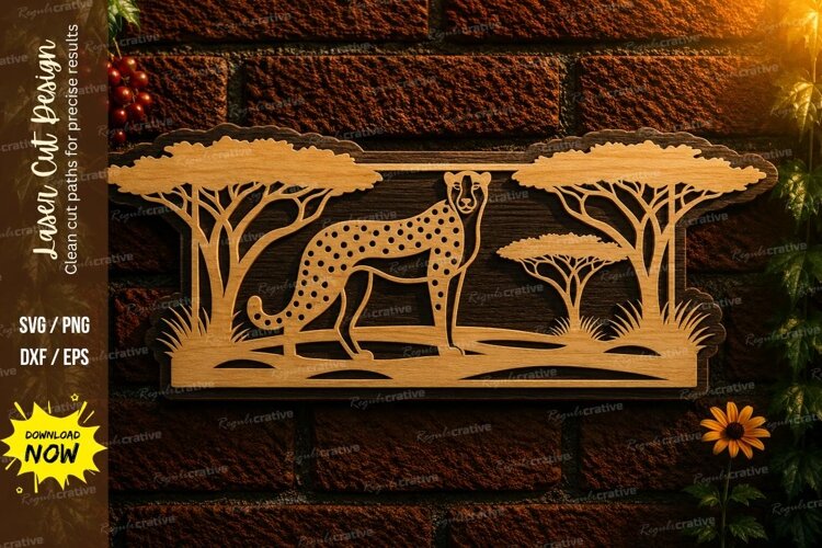 Cheetah Safari Landscape Laser Cut SVG Design cheetah svg, example image 1