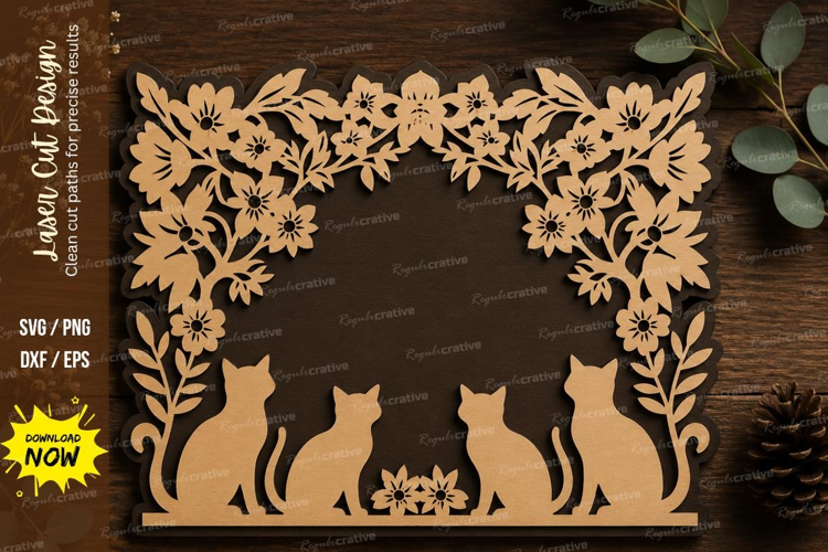 Cat Floral Frame Laser Cut SVG Design cat frame svg, floral