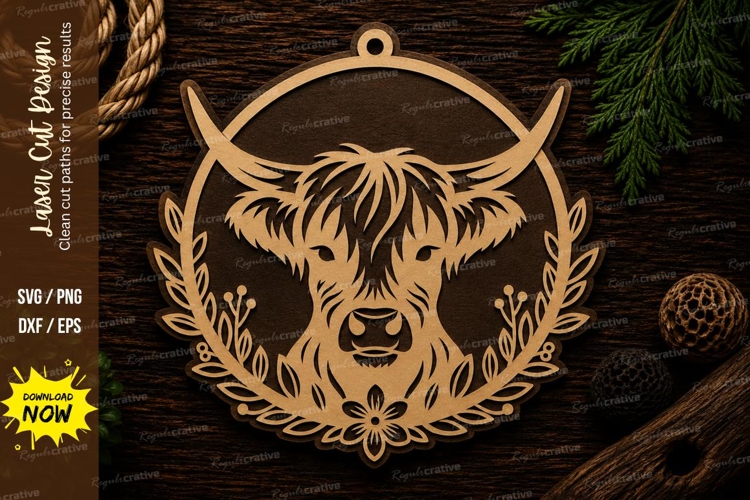 Highland Cow Round Ornament Laser Cut SVG Design highland