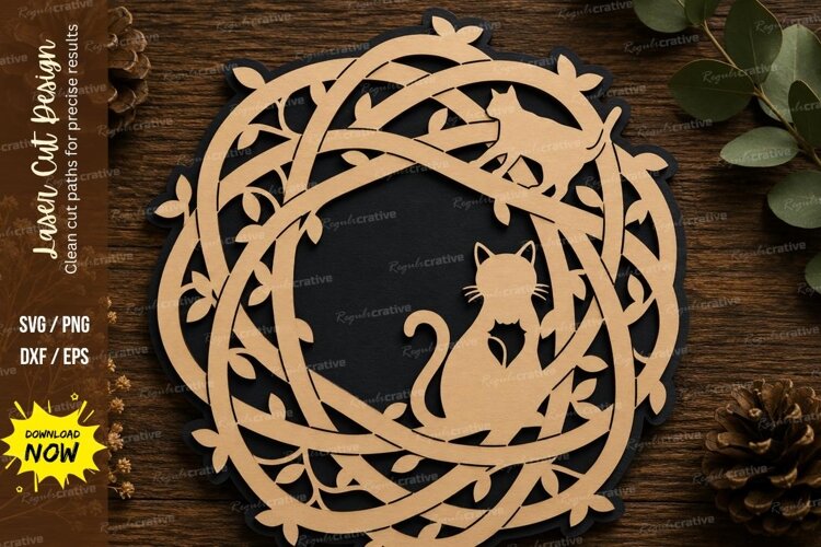 Cat Vine Wreath Laser Cut SVG Design cat svg, cat wreath, example image 1