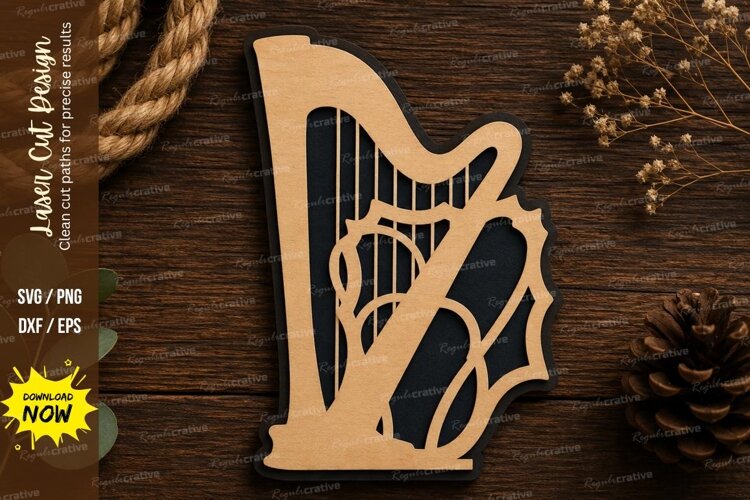 Decorative Harp Laser Cut SVG Design harp svg, harp instrume example image 1
