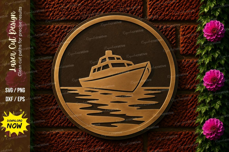 Motorboat Round Scene Laser Cut SVG Design boat svg, motorbo