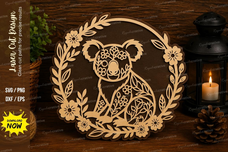 Koala Floral Wreath Laser Cut SVG File koala wreath svg, koa