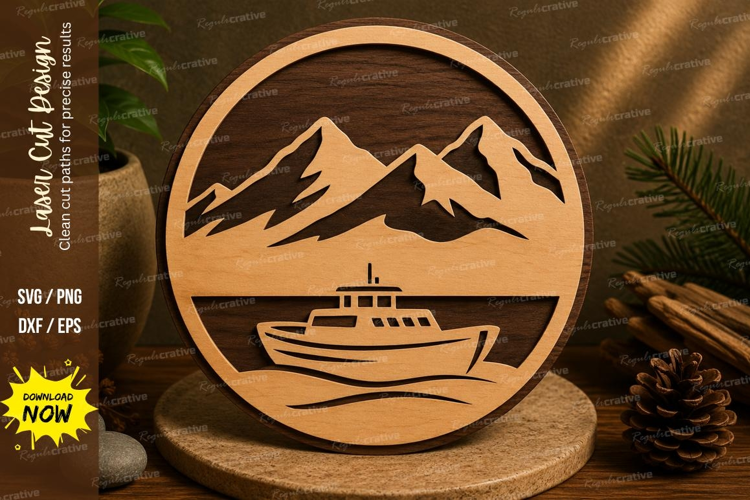 Mountain Lake Boat Laser Cut SVG File mountain lake boat svg
