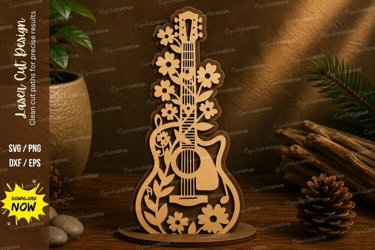Floral Acoustic Guitar Laser Cut SVG File acoustic guitar sv example image 1