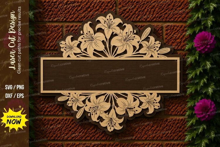 Floral Name Sign Laser Cut SVG File floral name sign, flower example image 1