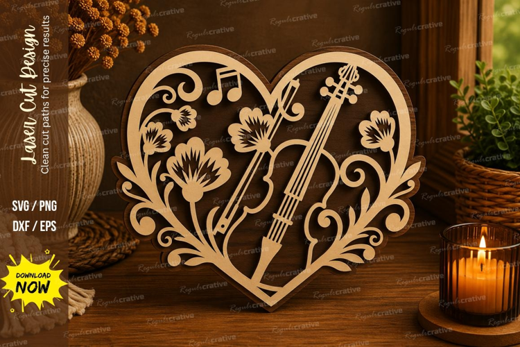 Violin Floral Heart Laser Cut SVG File violin svg, floral