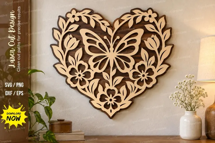 Butterfly Floral Heart Laser Cut SVG File butterfly heart s