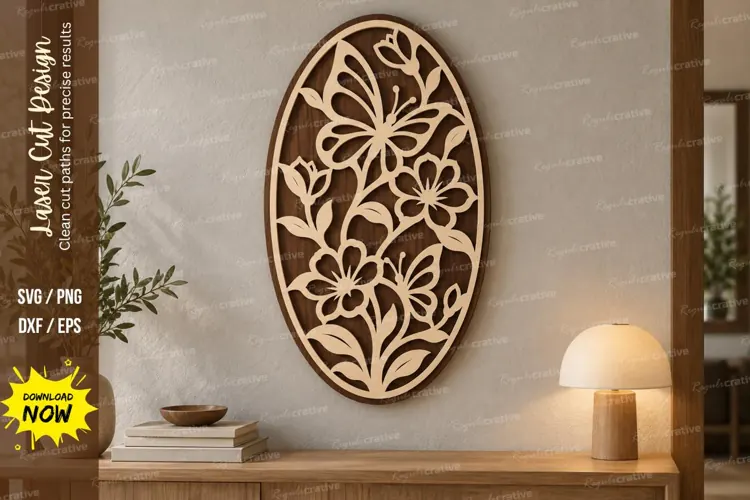 Butterfly Floral Oval Laser Cut SVG File butterfly oval svg,