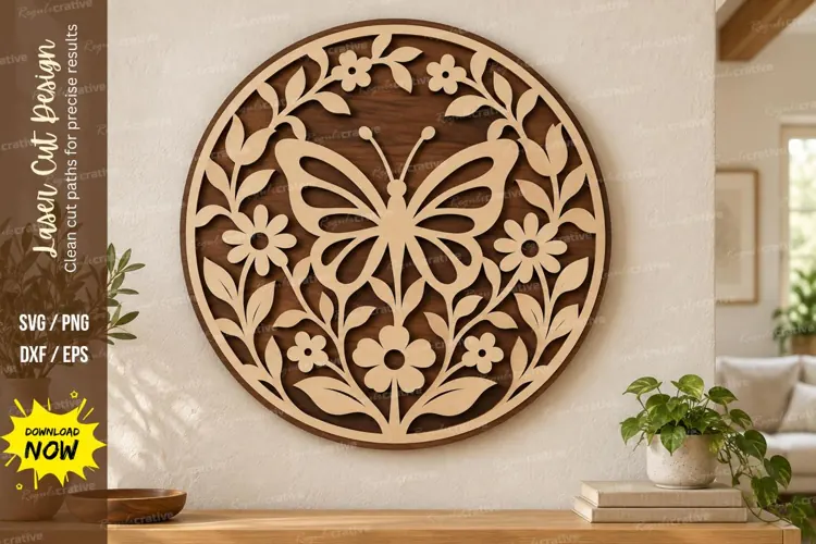 Butterfly Floral Circle Laser Cut SVG File butterfly circle