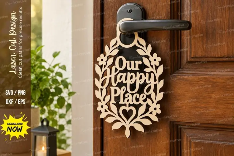 Laurel Happy Place Door Hanger Laser Cut SVG File our happy