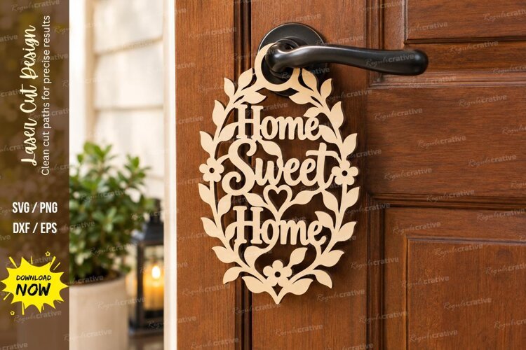 Botanical Home Sweet Home Door Hanger Laser Cut SVG e example image 1