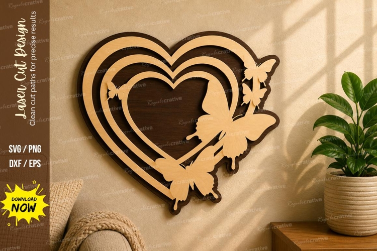 Butterfly Heart Love Frame laser cut svg File example image 1