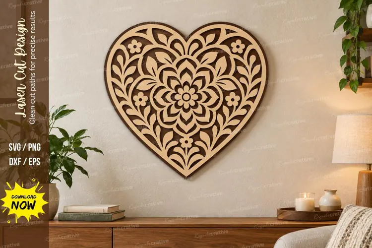 Mandala Floral Heart Wall Art Laser Cut SVG File mandala