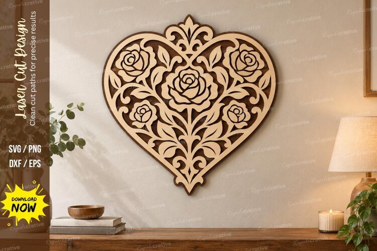 Rose Floral Heart Wall Art Laser Cut SVG File rose floral example image 1