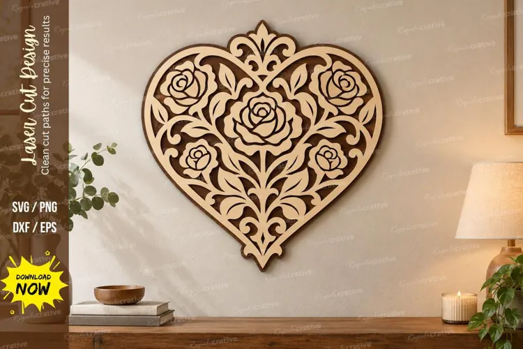 Rose Floral Heart Wall Art Laser Cut SVG File rose floral