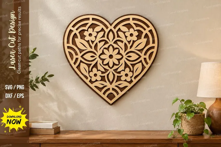 Flower Heart Wall Art Laser Cut SVG File flower heart svg