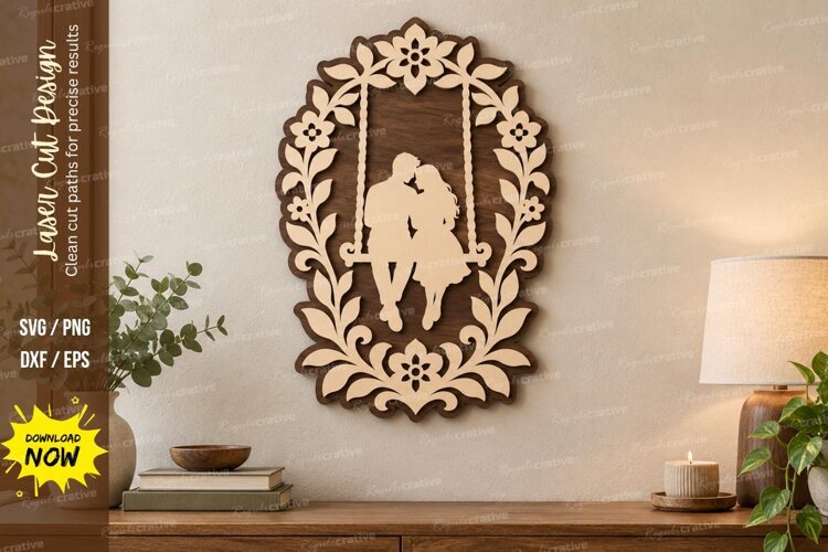 Oval Couple Floral Wall Art Laser Cut SVG File oval couple example image 1