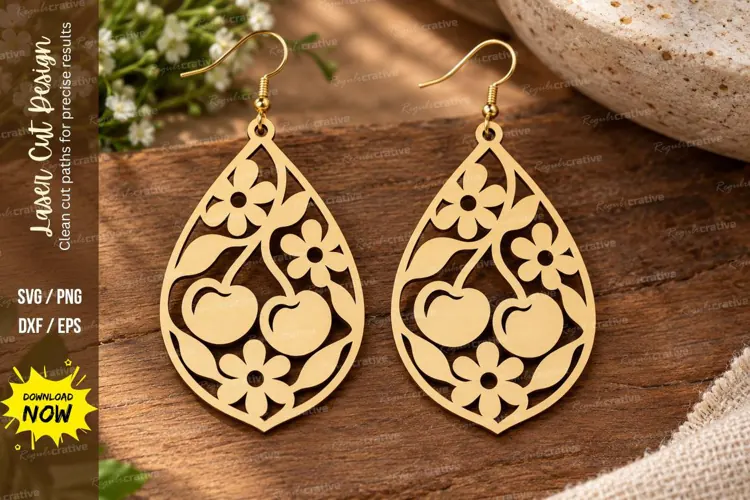 Cherry Floral Earrings Laser Cut SVG File cherry earrings sv