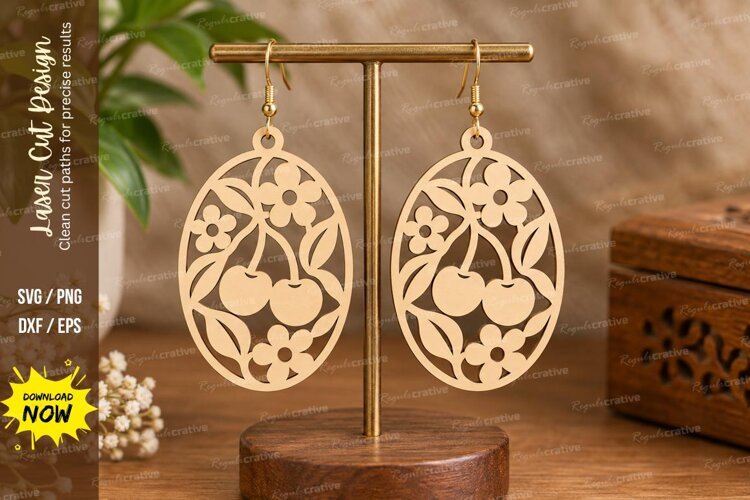 Cherry Floral Oval Earrings Laser Cut SVG File cherry earrin example image 1