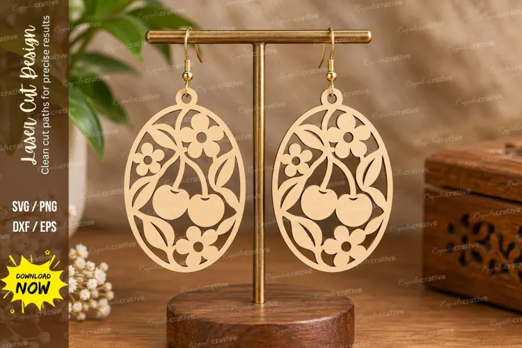 Cherry Floral Oval Earrings Laser Cut SVG File cherry earrin