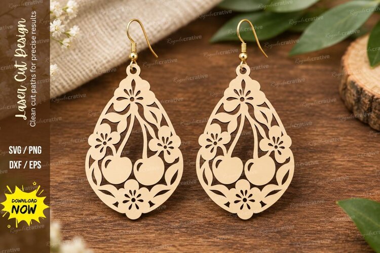Cherry Botanical Earrings Laser Cut SVG File cherry earrings example image 1