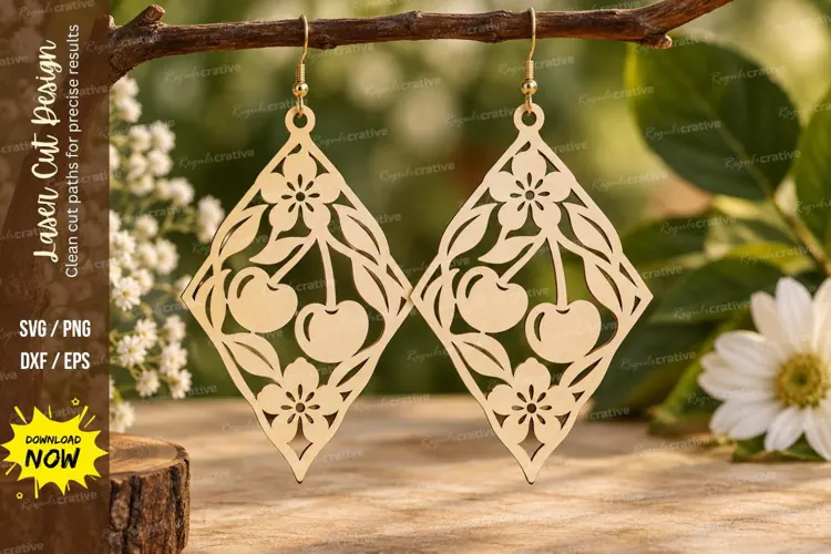 Cherry Floral Diamond Earrings Laser Cut SVG File cherry