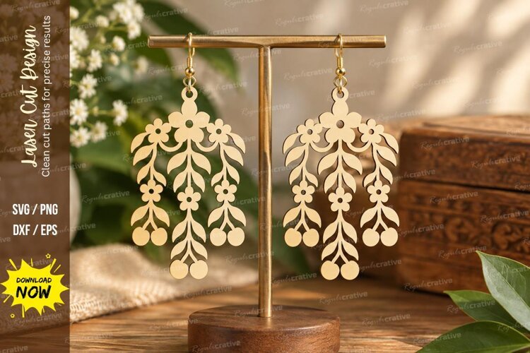 Floral Strawberry Dangle Earrings Laser Cut SVG File strawbe example image 1
