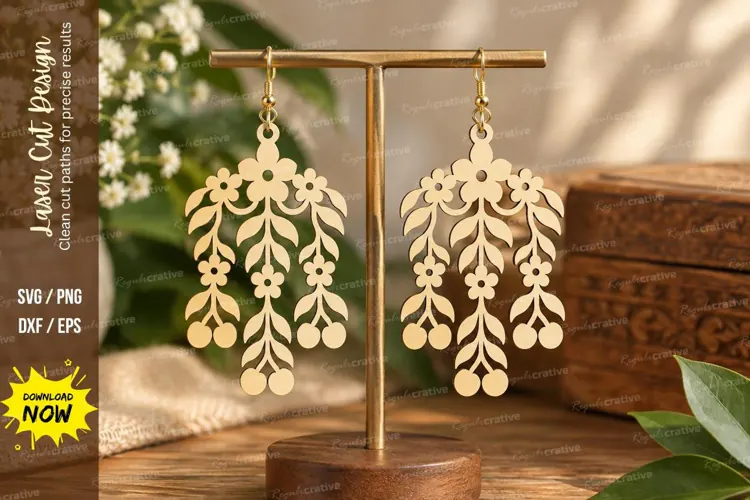Floral Strawberry Dangle Earrings Laser Cut SVG File strawbe