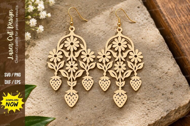 Strawberry Floral Chandelier Earrings Laser Cut SVG File example image 1