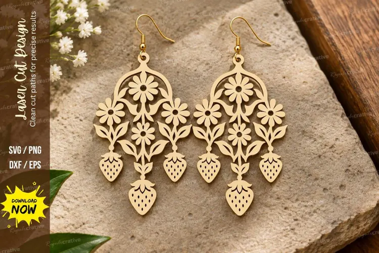 Strawberry Floral Chandelier Earrings Laser Cut SVG File
