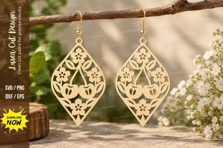 Floral Strawberry Diamond Earrings Laser Cut SVG File strawb