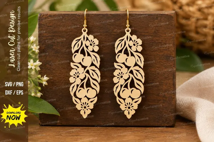 Floral Cherry Leaf Earrings Laser Cut SVG File cherry earrin