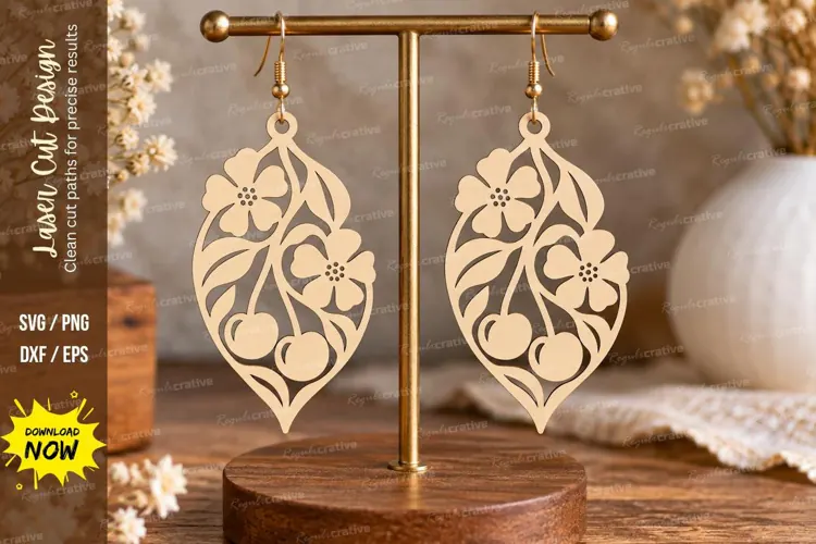 Cherry Floral Teardrop Earrings Laser Cut SVG File cherry