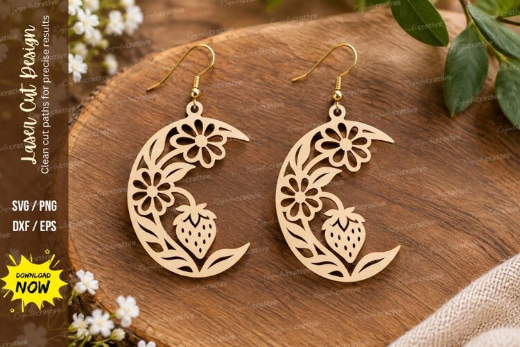 Strawberry Floral Moon Earrings Laser Cut SVG File strawberr example image 1