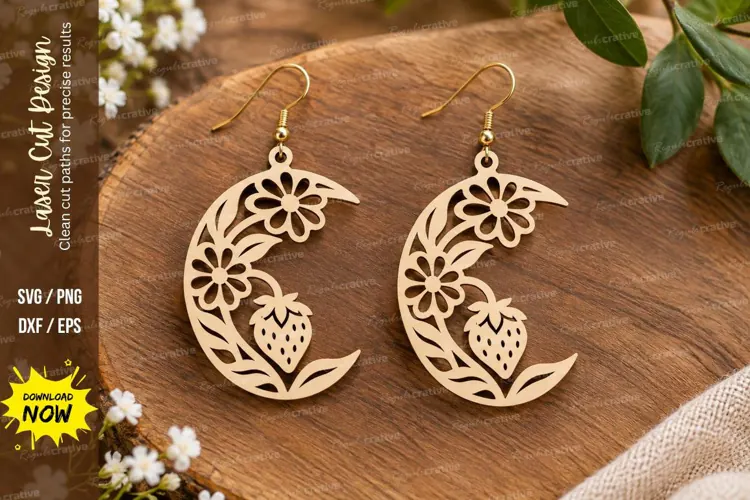 Strawberry Floral Moon Earrings Laser Cut SVG File strawberr