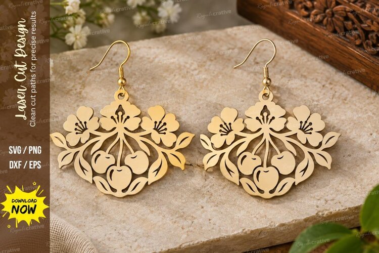 Strawberry Floral Fan Earrings Laser Cut SVG File strawberry example image 1