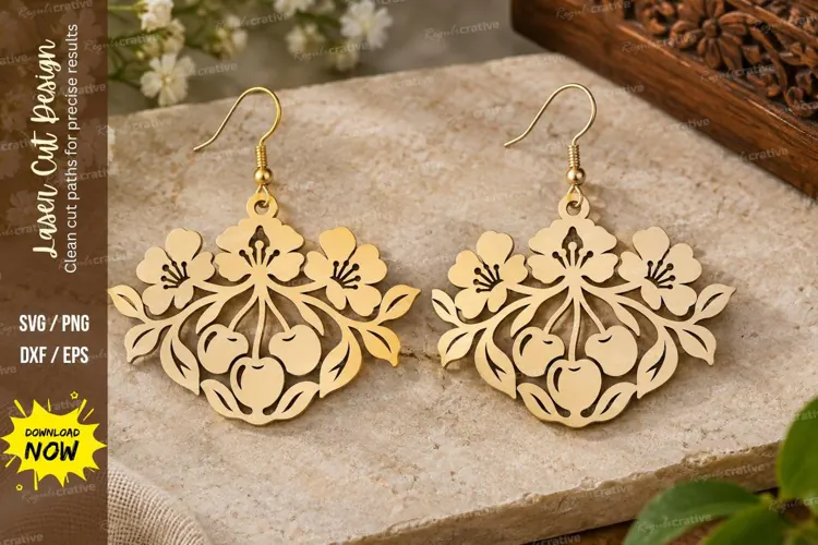 Strawberry Floral Fan Earrings Laser Cut SVG File strawberry