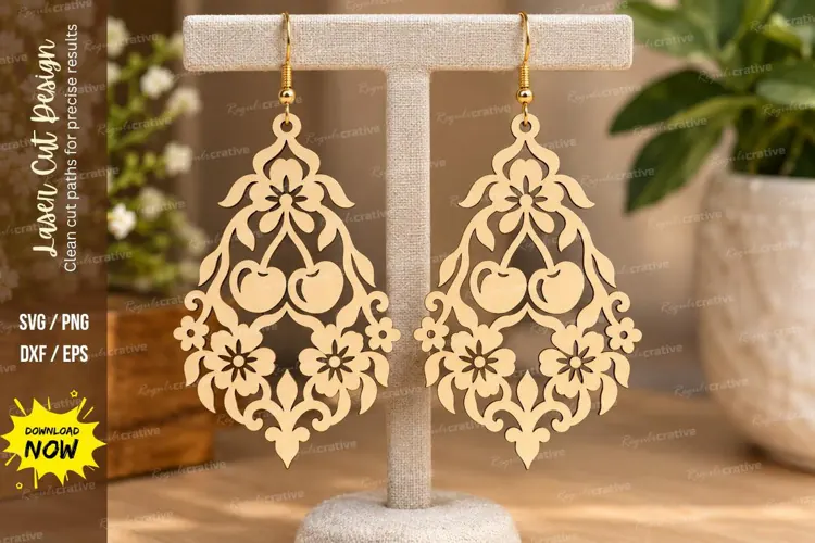 Strawberry Floral Ornate Earrings Laser Cut SVG File strawbe