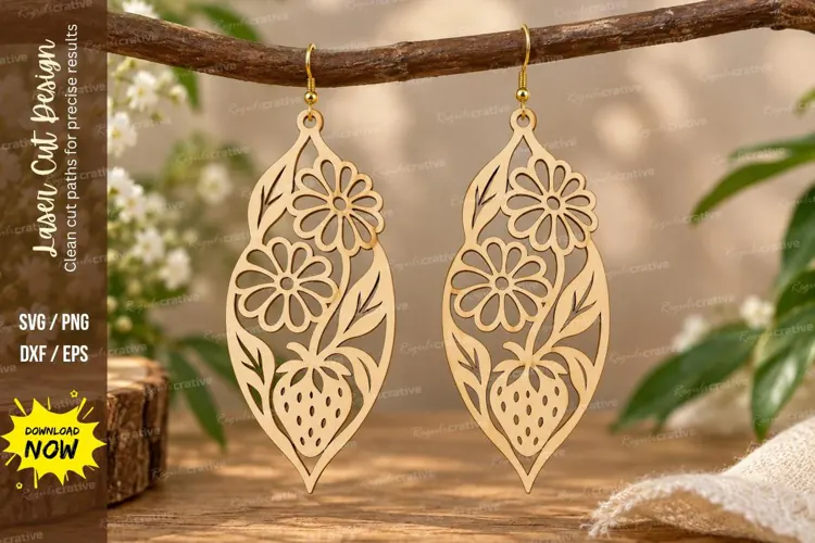 Strawberry Floral Leaf Earrings Laser Cut SVG File strawberr