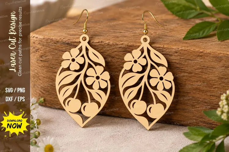 Cherry Botanical Teardrop Earrings Laser Cut SVG File cherry