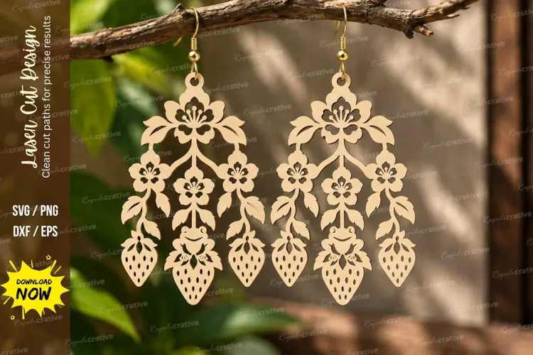 floral strawberry earrings, strawberry earrings png, laser