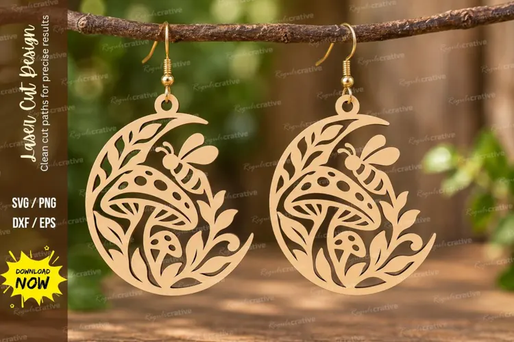 botanical moon earrings, moon earrings png, floral moon earr