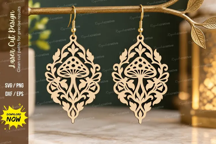 floral mushroom earrings, mushroom earrings png, laser cut