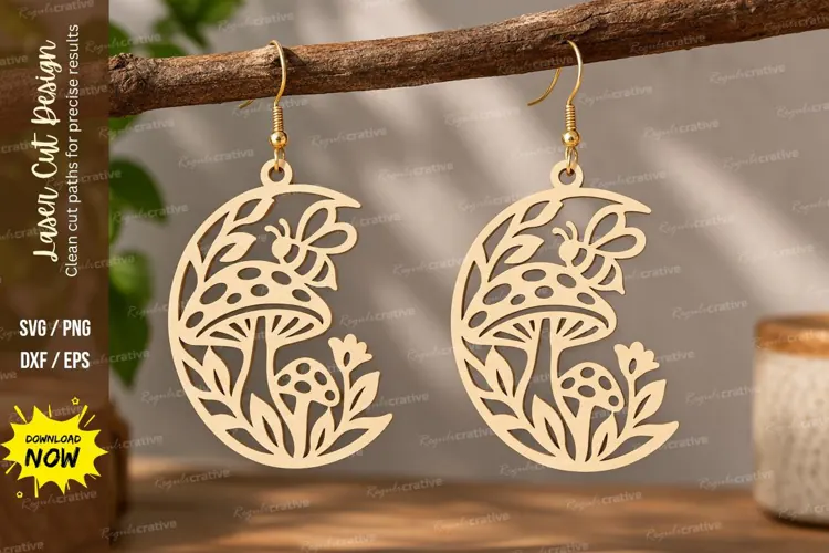 botanical moon earrings, moon earrings png, floral moon