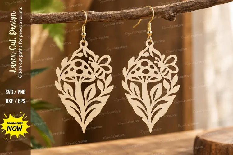 floral mushroom earrings, mushroom earrings png, botanical