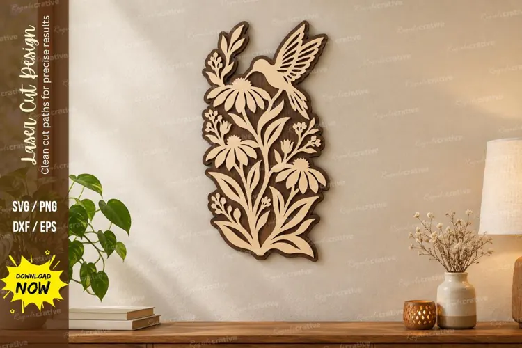 Hummingbird Floral Wall Art Laser Cut SVG PNG Design, hummin