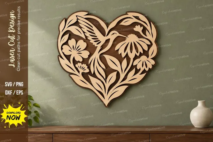 Heart Hummingbird Floral Wall Art Laser Cut SVG PNG Design,